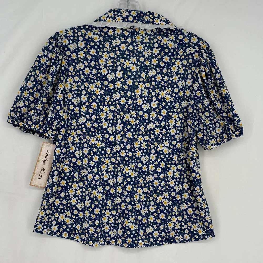 Indigo Rose Juniors Size Medium Button Front Blouse Blue Yellow Floral Print - Picture 7 of 10